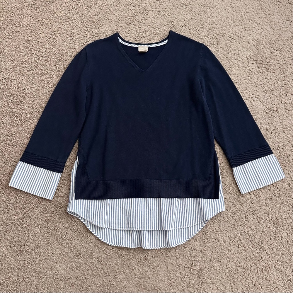 Chico’s Navy Knit Striped Shirttail Sweater Shirt Womens 0 (S)